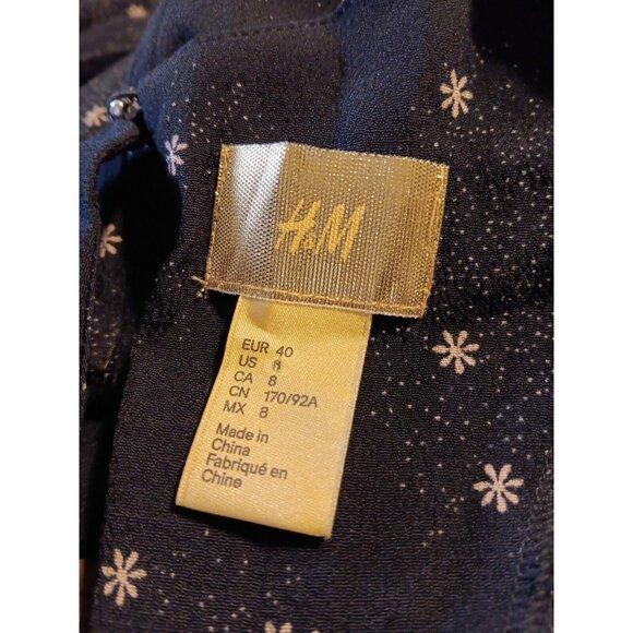 H&M Womens Sz 8 Dress 3/4 Sleeve Flowers Gold Black V Neck A Line Midi Length - Picture 5 of 8